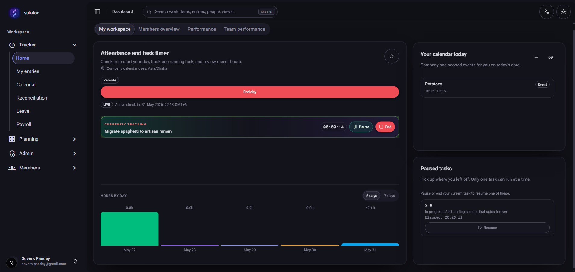 Tracker workspace with an active task session
